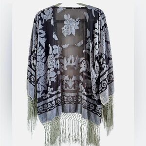 Velvet Burnout Kimono One Size Rose Sheer Fringe Wide Sleeve Boho Floral